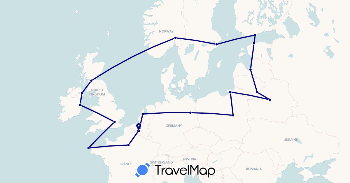TravelMap itinerary: driving in Belgium, Belarus, Germany, Estonia, Finland, France, United Kingdom, Ireland, Lithuania, Latvia, Netherlands, Norway, Poland, Russia, Sweden (Europe)